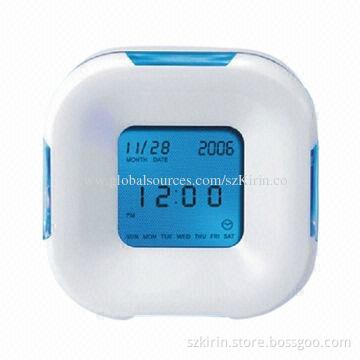 4-sided Digital Alarm Clock, 3D Dolphin Floater Inside/Calendar Alarm Temp Countdown/LED Light